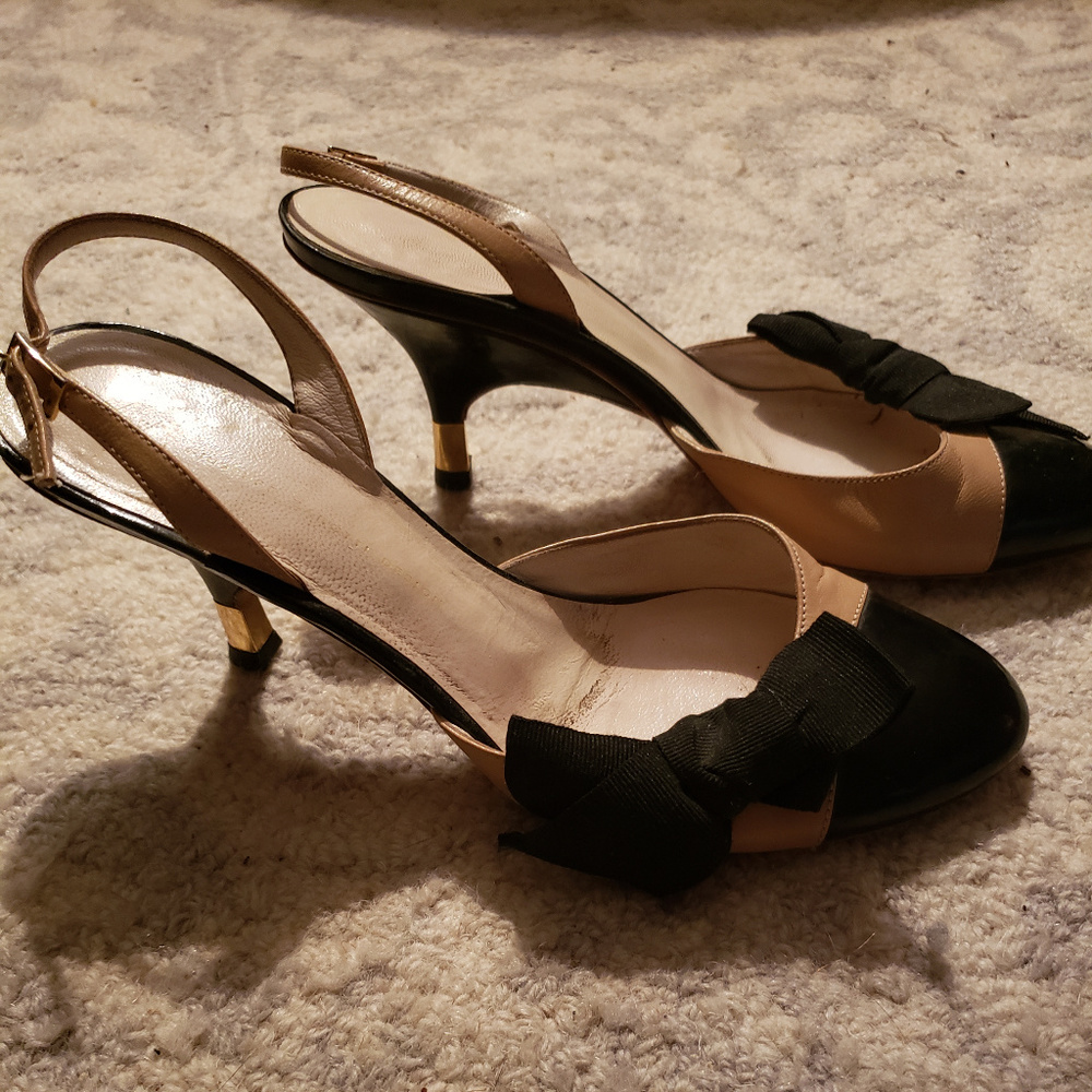 Classic MaryJane Holiday Shoe Guiseppi Zinotti Tan w/ Blk Patent Heel& Bow Sz:37